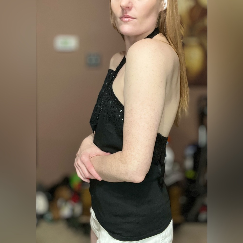 Magaschoni Black Sequin Halter Tank Top - Picture 2 of 9